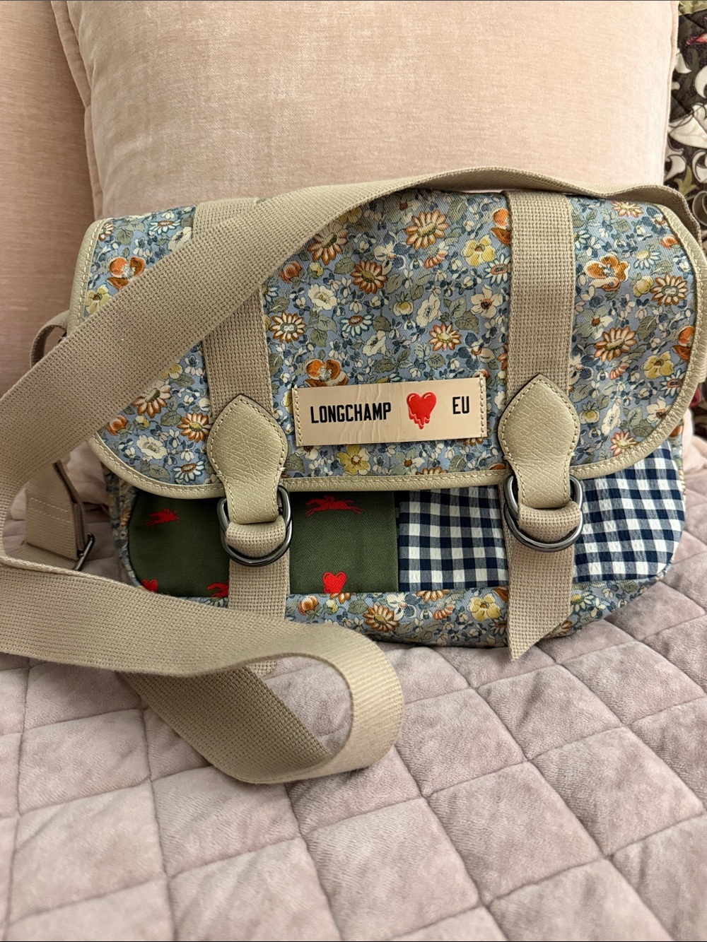 Longchamp Patchwork Floral Crossbody Bag in Light Blue and Beige